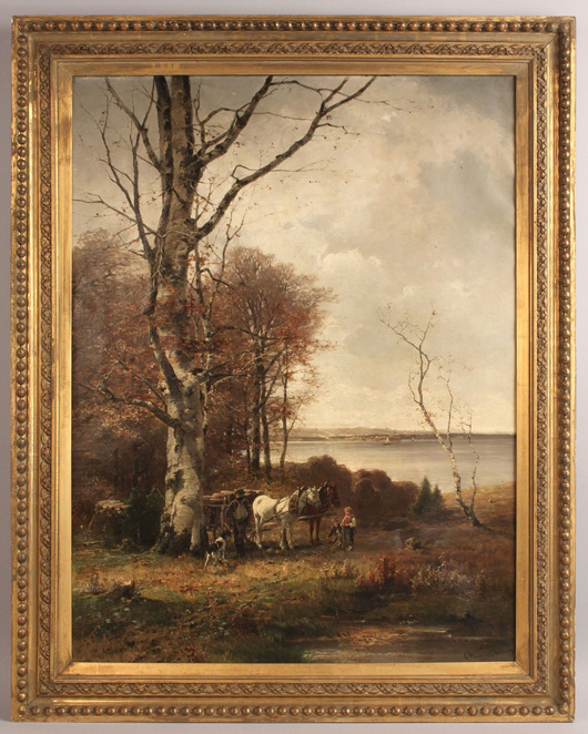 Large oil on canvas landscape by Conrad Wimmer (German, 1844-1905), measuring 39 inches by 29 inches. Estimate: $3,500-4,500. Image courtesy of Case Antiques.